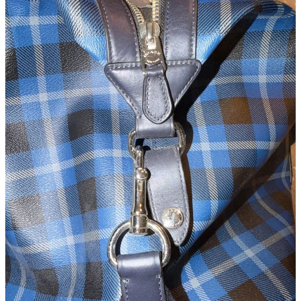 Coach Weekender Duffel Bag Blue Black Plaid Leather Trim Silver Hardware 17X11X9